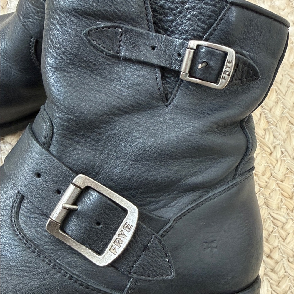Black leather Frye boots side zip buckles